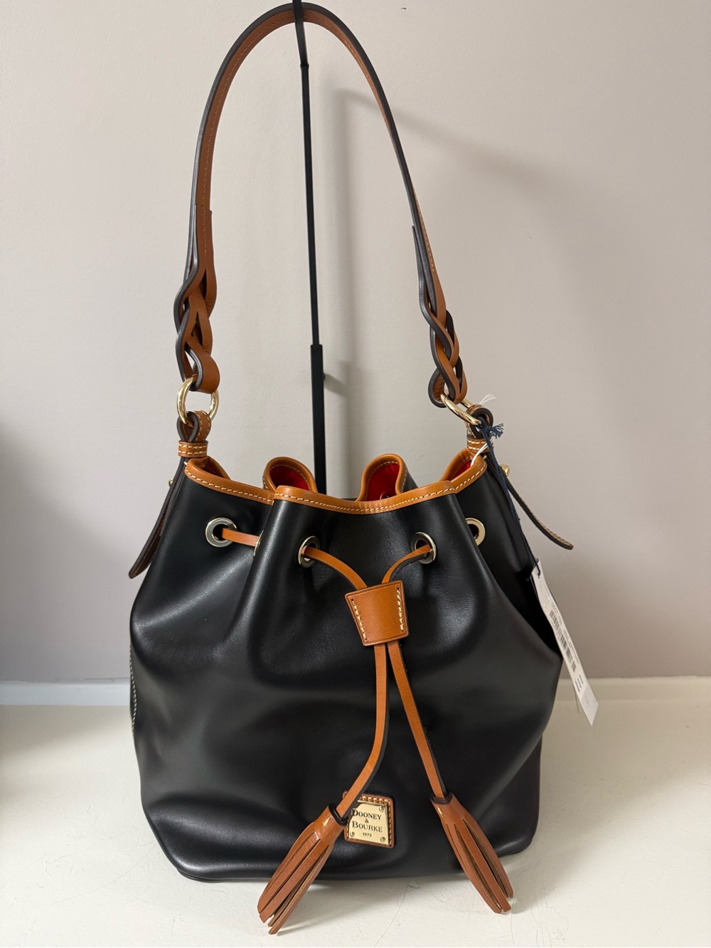 Dooney & Bourke Black and Tan Leather Drawstring Bucket Shoulder Bag NWT!